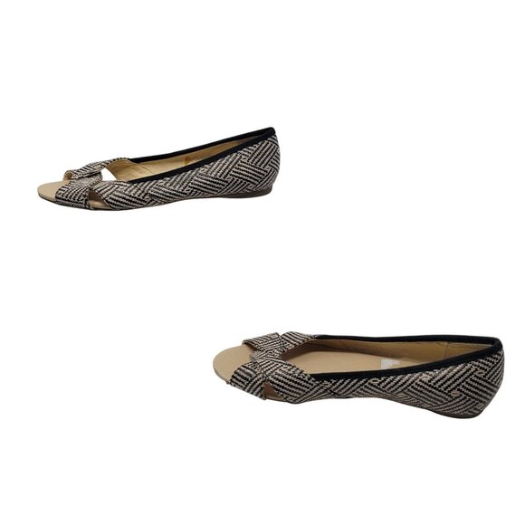 Report Vegan Geranium Herringbone Bow Peep-Toe Flats Sz 6 Beige Black Twee - Picture 5 of 11